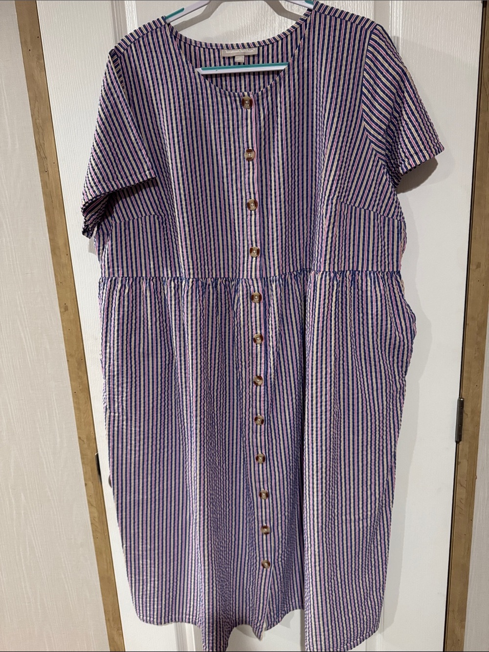 Woman Within Blue Pink Yellow and White Striped Button-Front Midi Dress